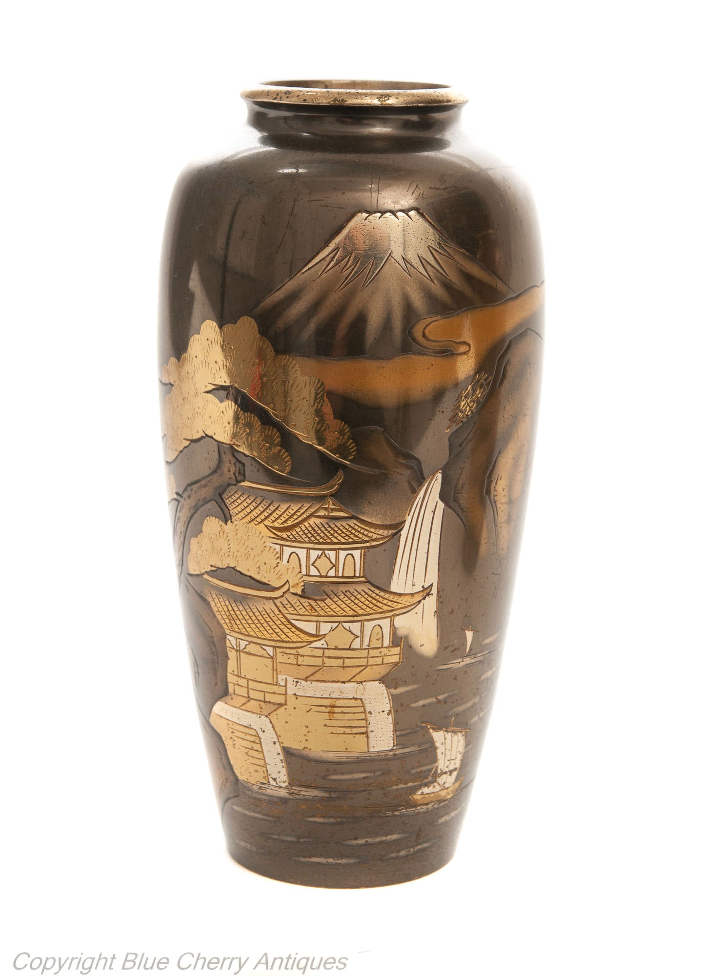 Pair Antique Meiji Japanese Bronze & Mixed Metal Damascene Vases with Mount Fuji (Code 1908)