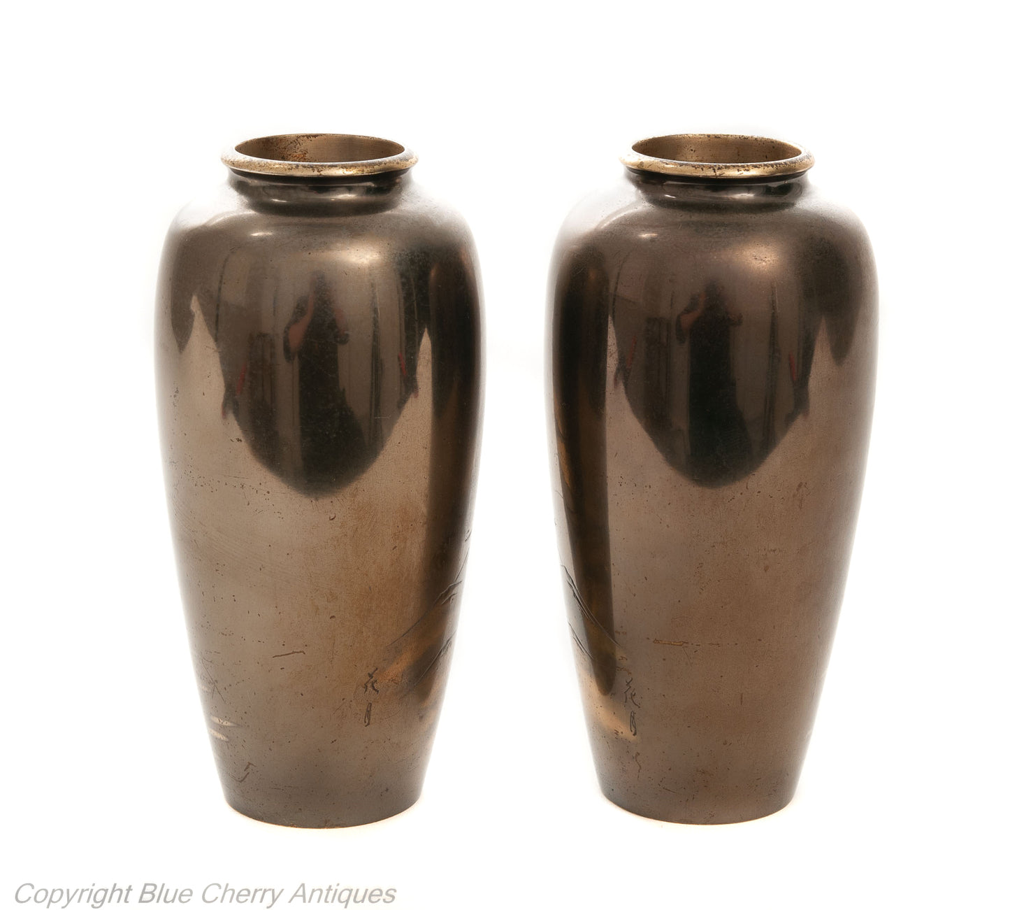 Pair Antique Meiji Japanese Bronze & Mixed Metal Damascene Vases with Mount Fuji (Code 1908)