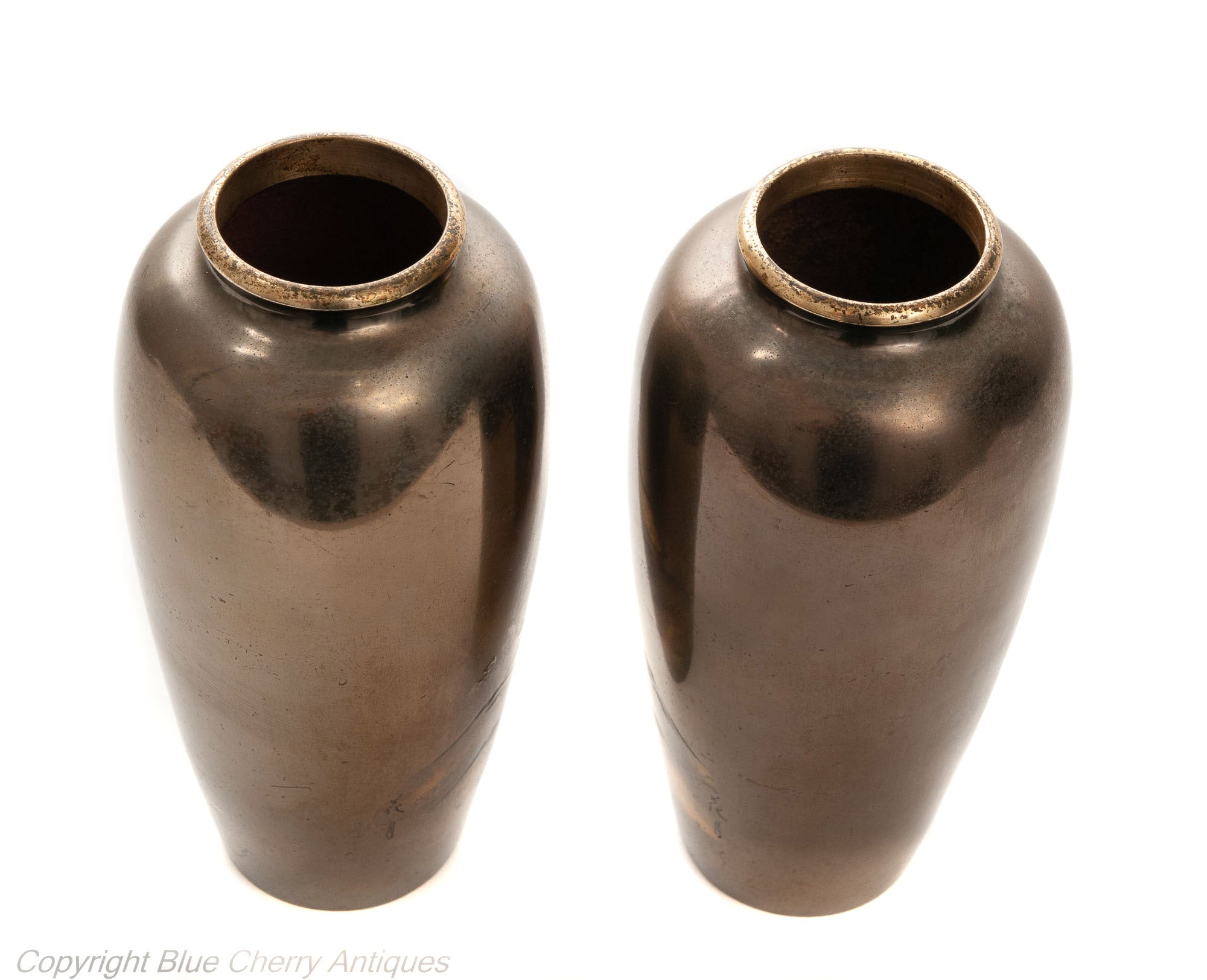 Pair Antique Meiji Japanese Bronze & Mixed Metal Damascene Vases with Mount Fuji (Code 1908)