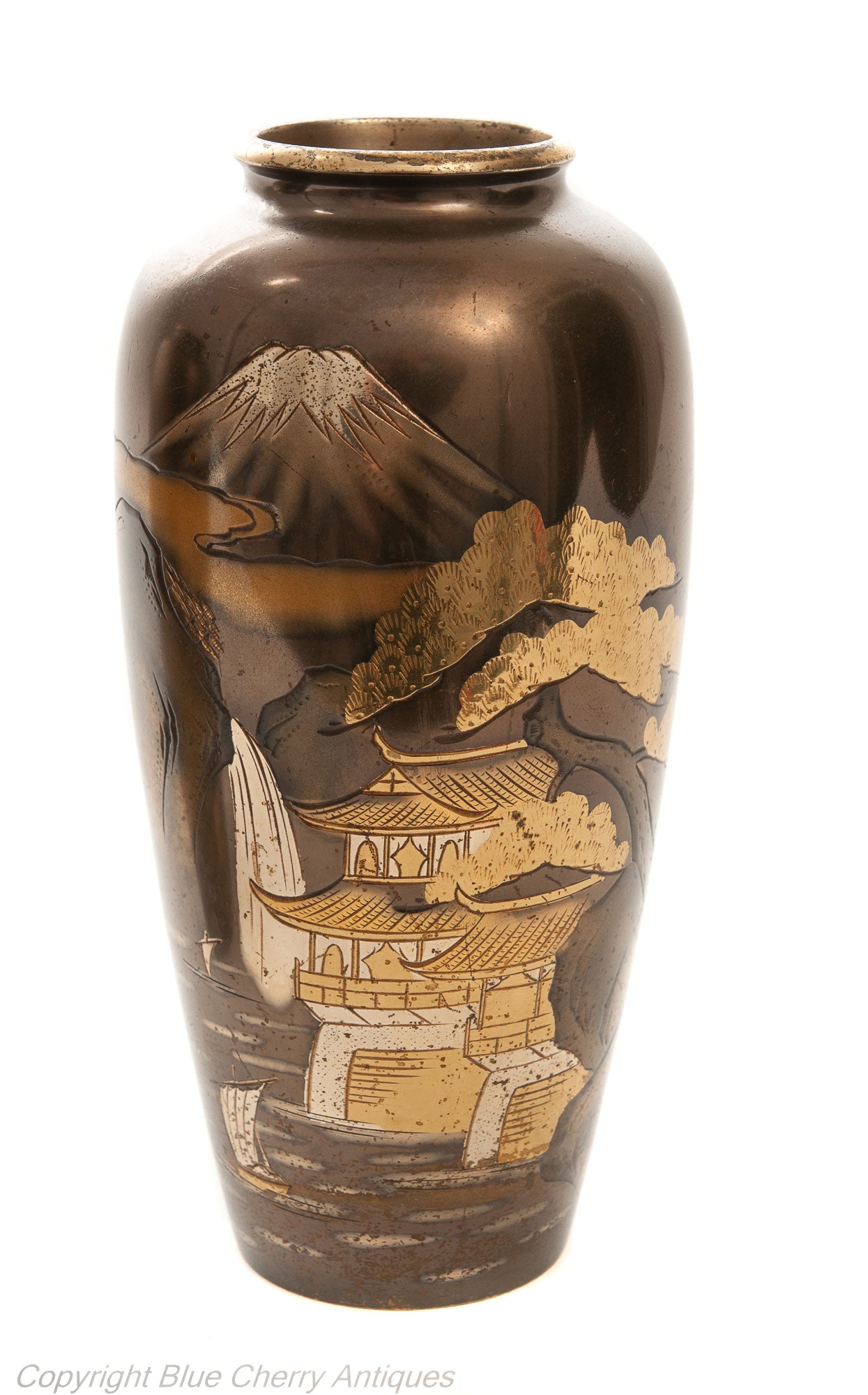 Pair Antique Meiji Japanese Bronze & Mixed Metal Damascene Vases with Mount Fuji (Code 1908)