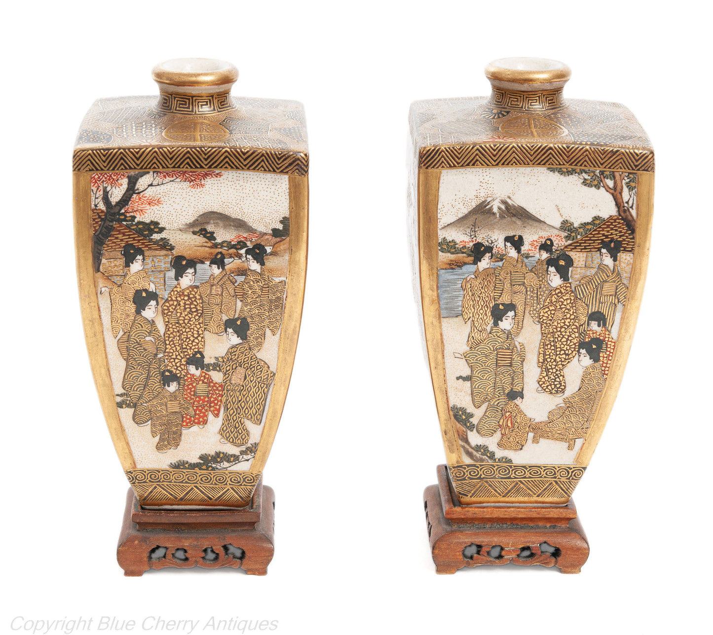 Pair Fine Antique Signed Hododa Japanese Satsuma Ware Vases with Deities (Code 1912)