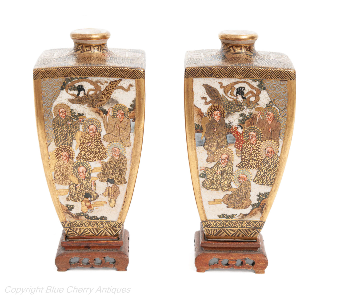 Pair Fine Antique Signed Hododa Japanese Satsuma Ware Vases with Deities (Code 1912)