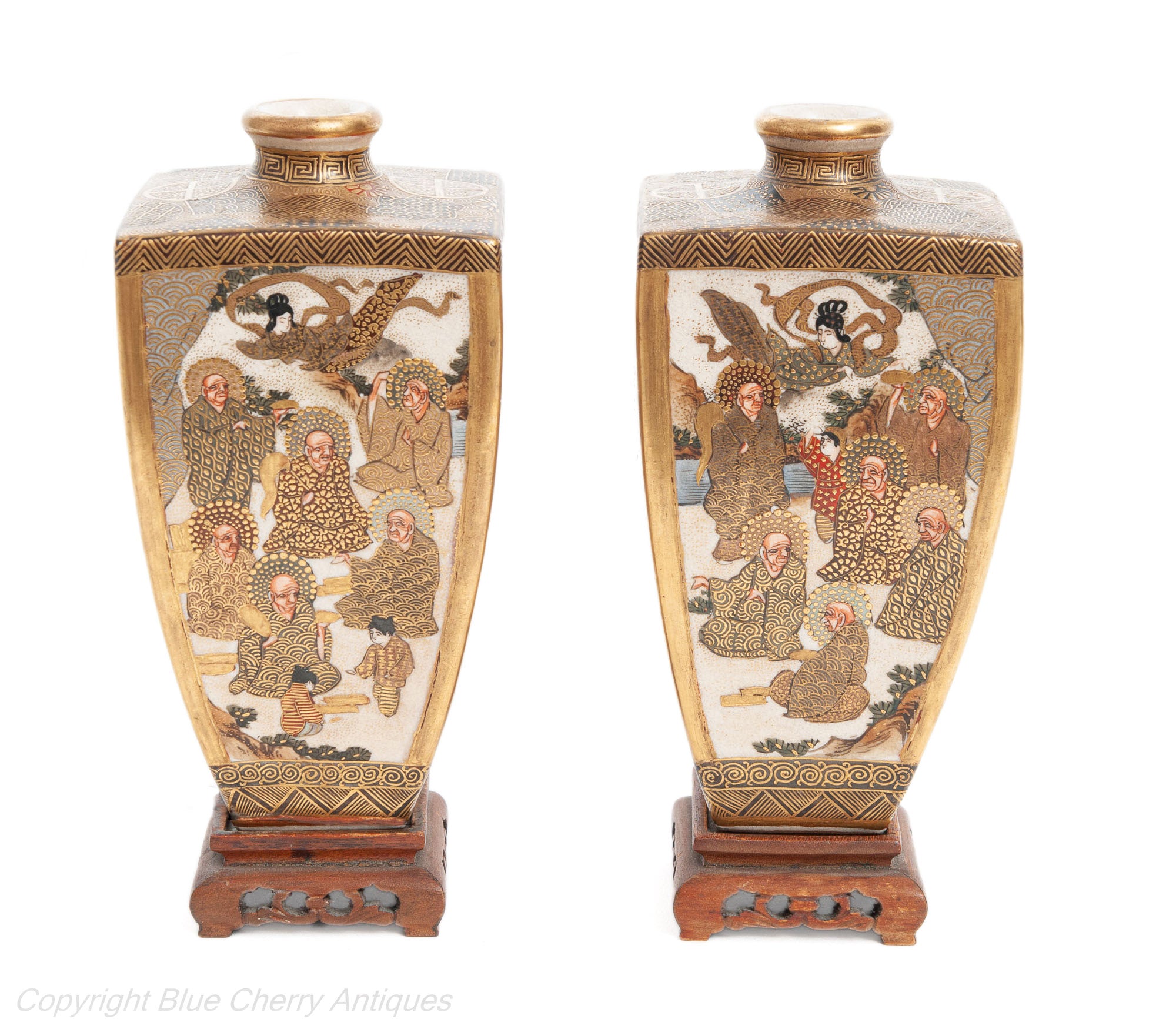 Pair Fine Antique Signed Hododa Japanese Satsuma Ware Vases with Deities (Code 1912)