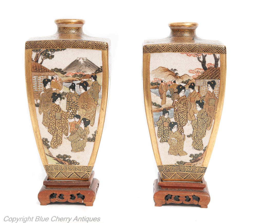 Pair Fine Antique Signed Hododa Japanese Satsuma Ware Vases with Deities (Code 1912)