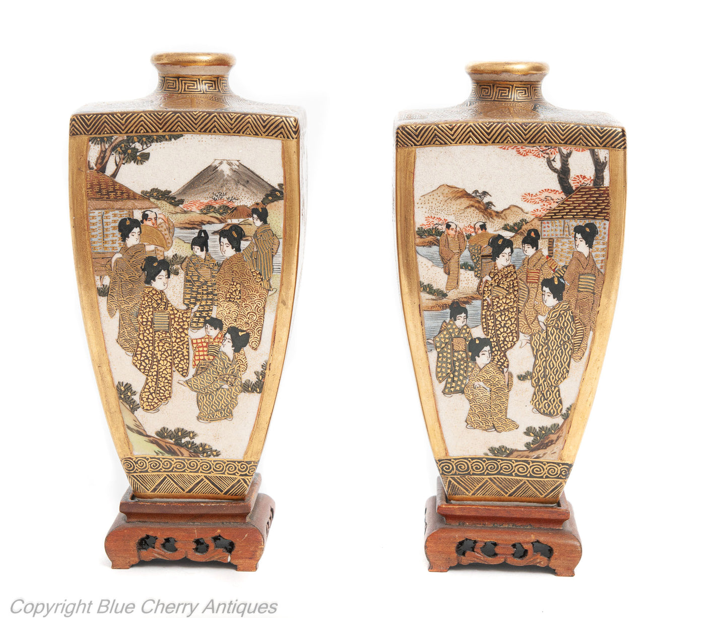 Pair Fine Antique Signed Hododa Japanese Satsuma Ware Vases with Deities (Code 1912)