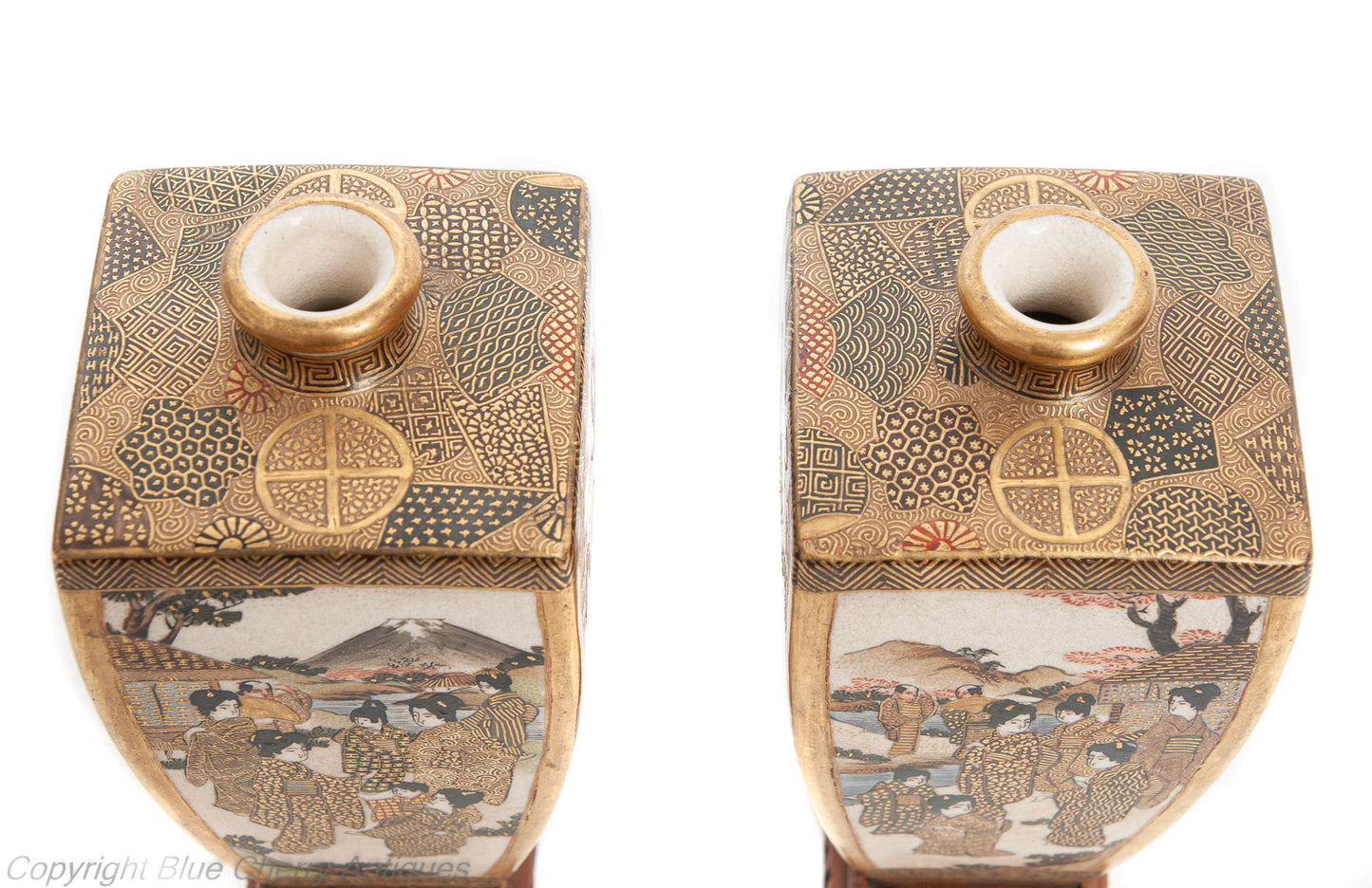 Pair Fine Antique Signed Hododa Japanese Satsuma Ware Vases with Deities (Code 1912)