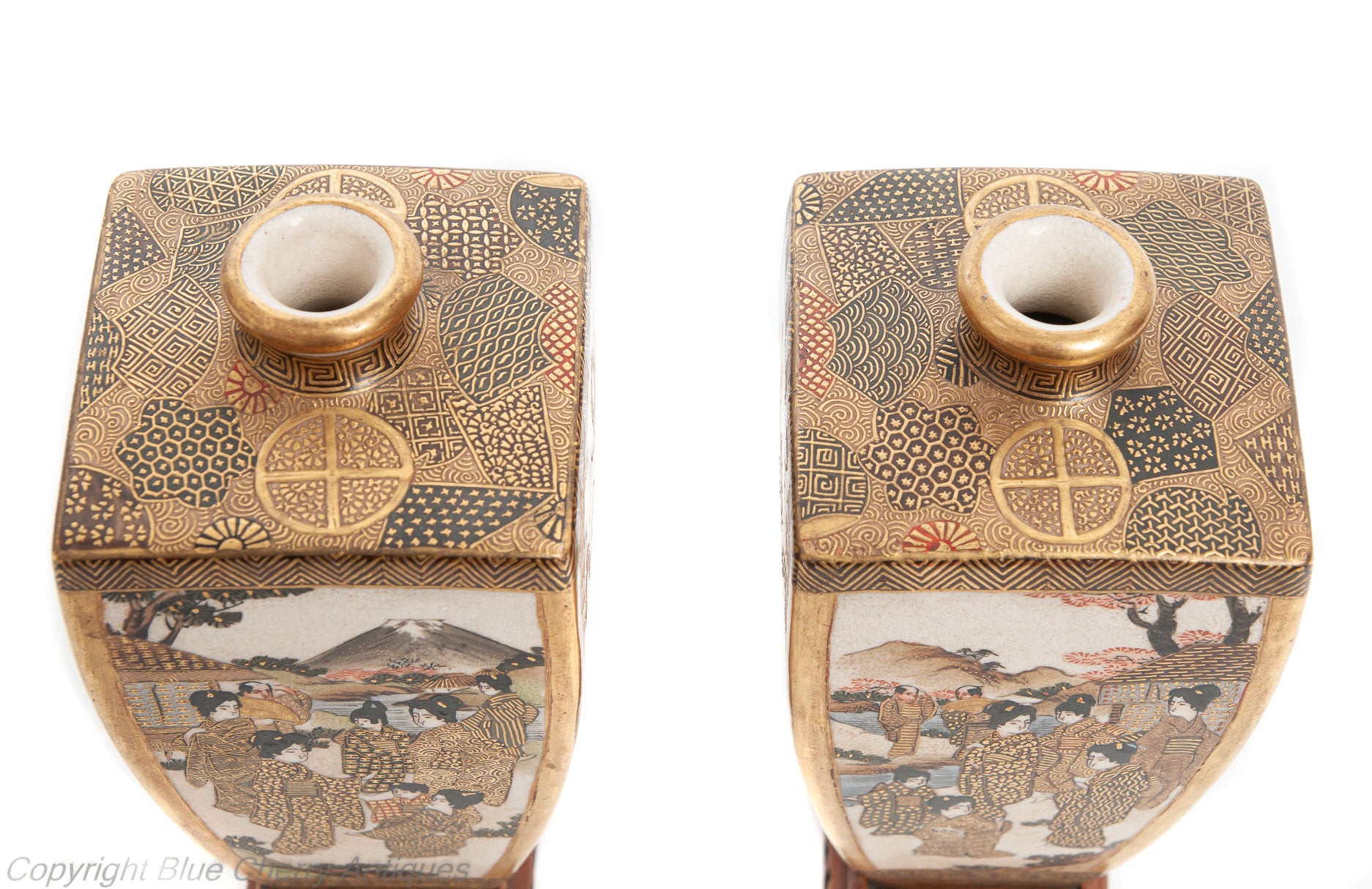 Pair Fine Antique Signed Hododa Japanese Satsuma Ware Vases with Deities (Code 1912)