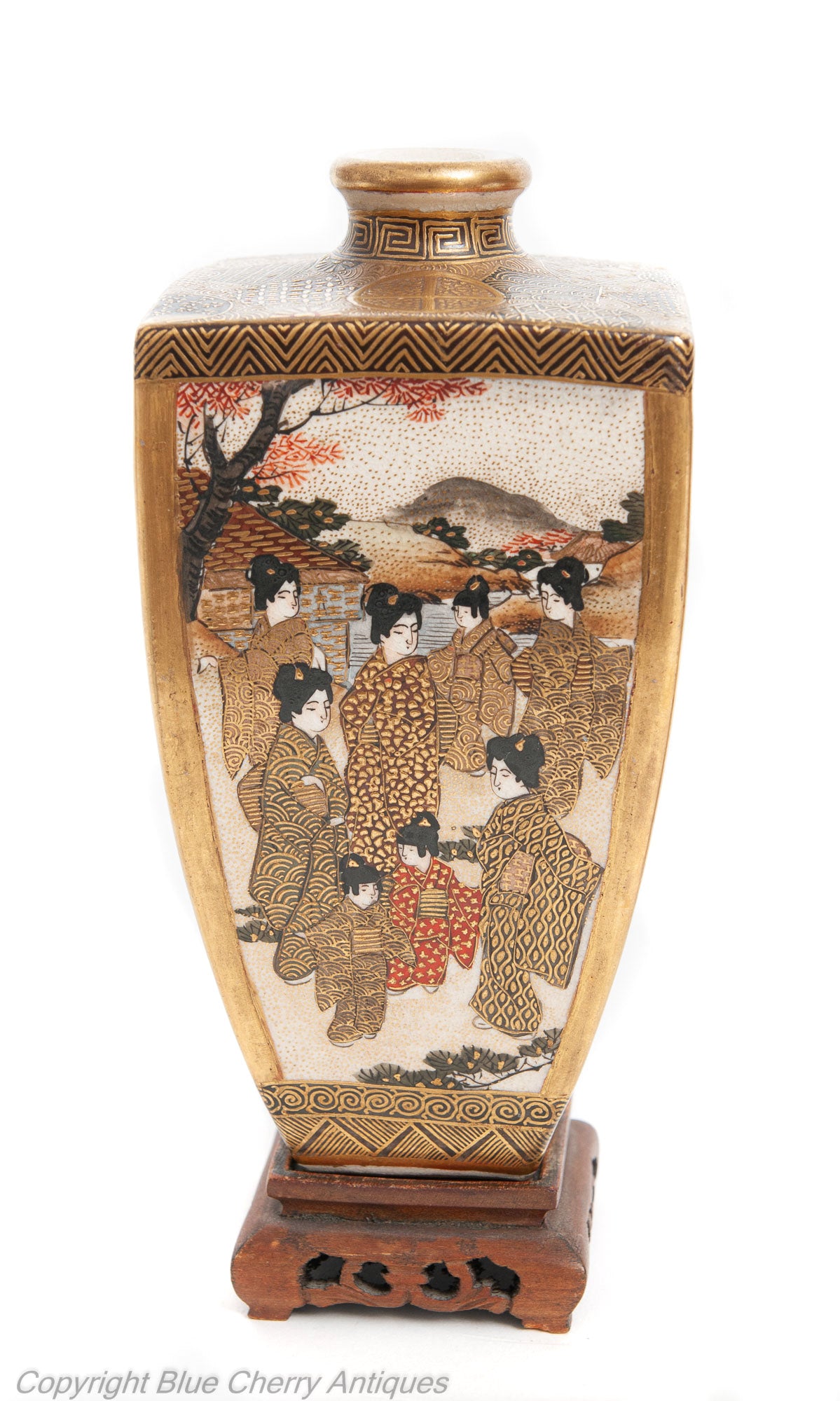 Pair Fine Antique Signed Hododa Japanese Satsuma Ware Vases with Deities (Code 1912)