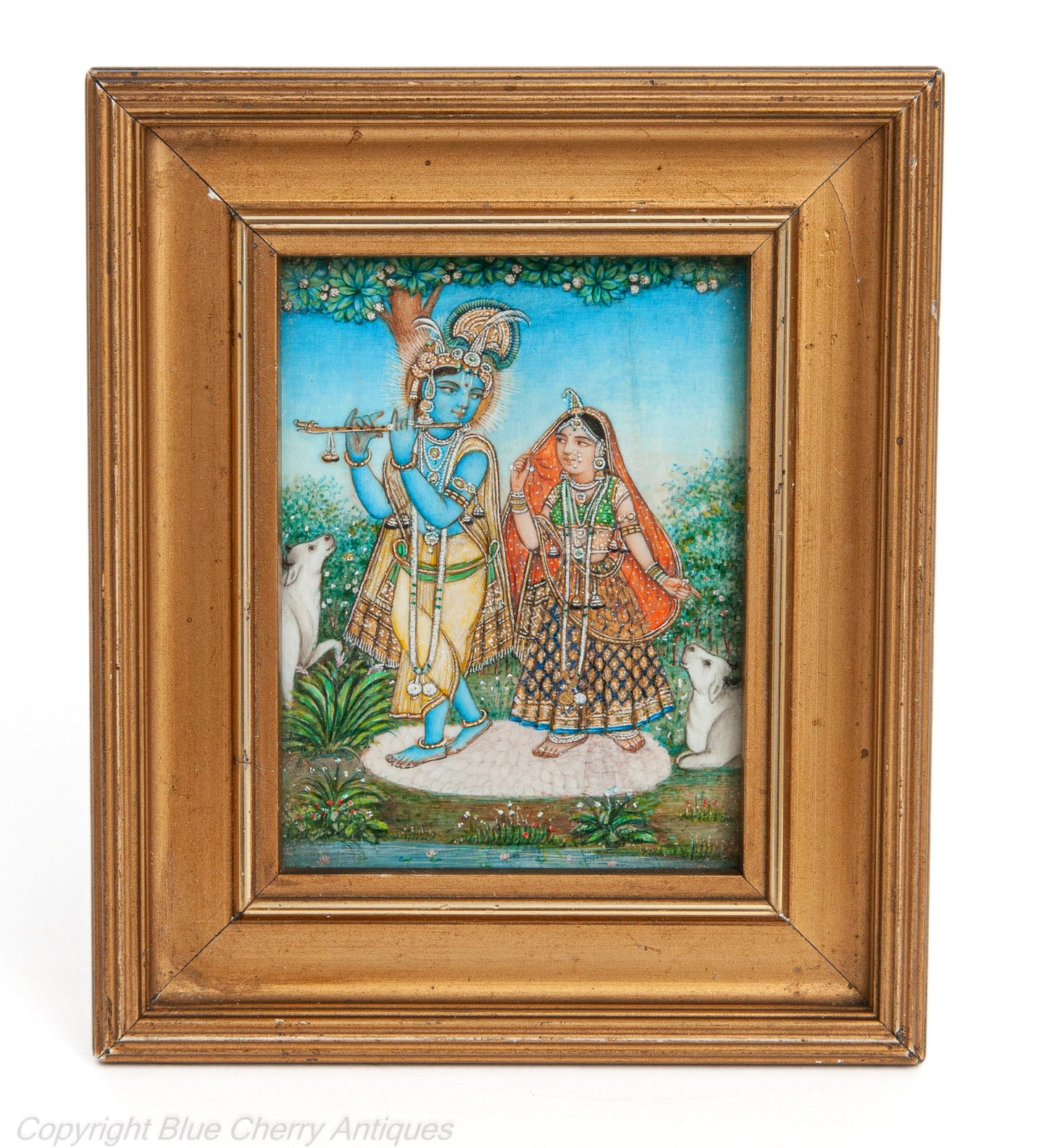 Antique Indian Framed Watercolour Miniature Portrait Painting of Radha Krishna (Code 1917)