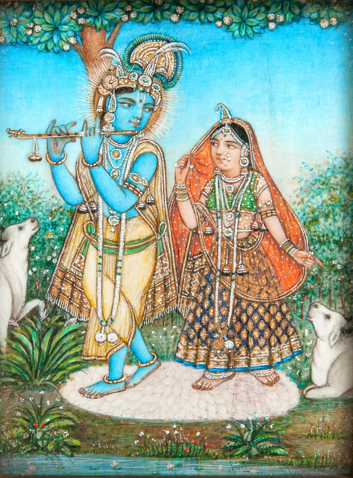 Antique Indian Framed Watercolour Miniature Portrait Painting of Radha Krishna (Code 1917)