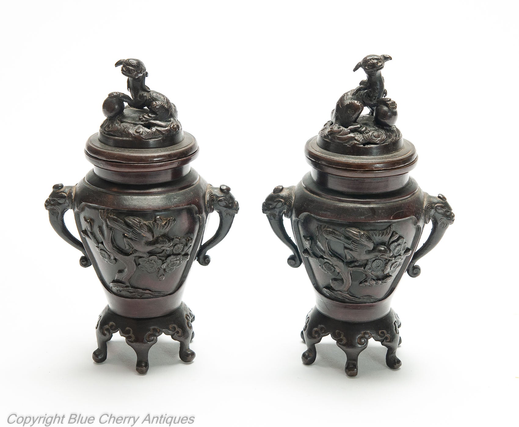 Pair Antique Japanese Meiji Period Patinated Cast Bronze Koro with Foo Dogs (Code 1986)