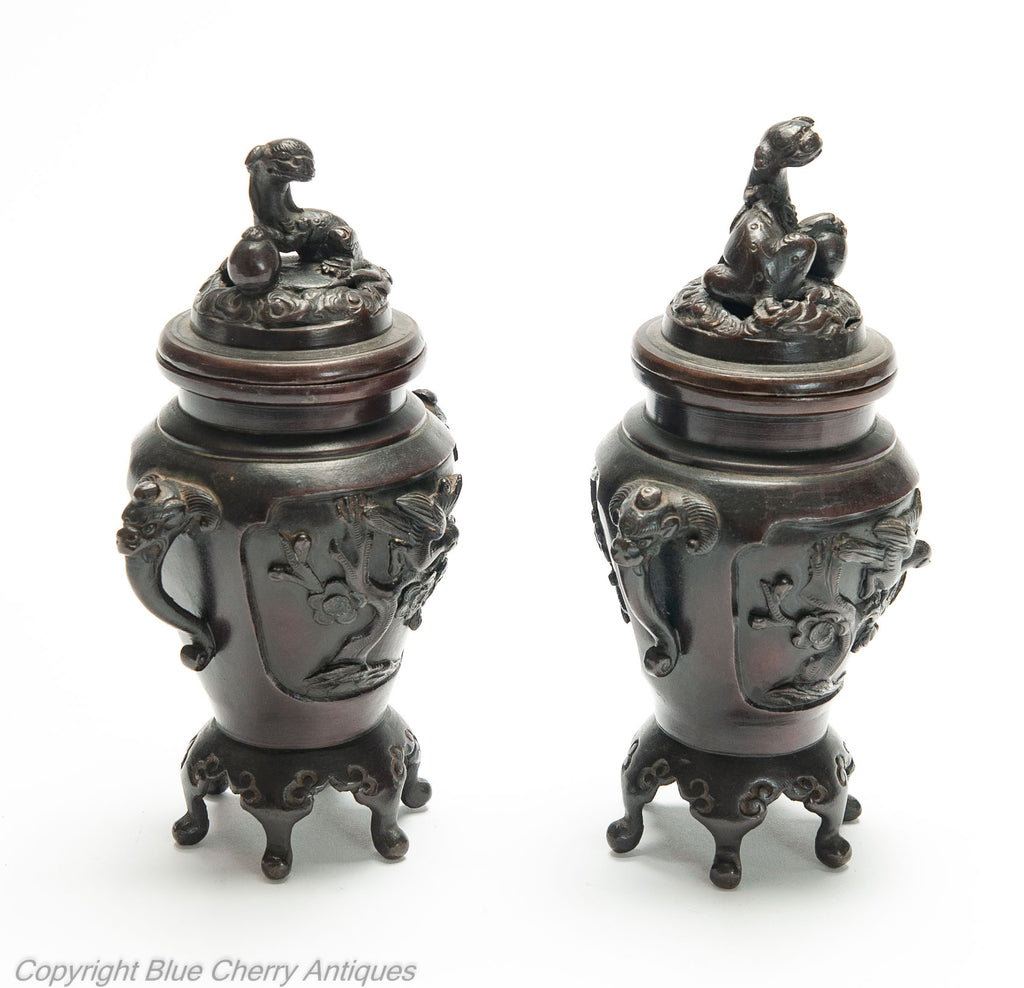Pair Antique Japanese Meiji Period Patinated Cast Bronze Koro with Foo Dogs (Code 1986)