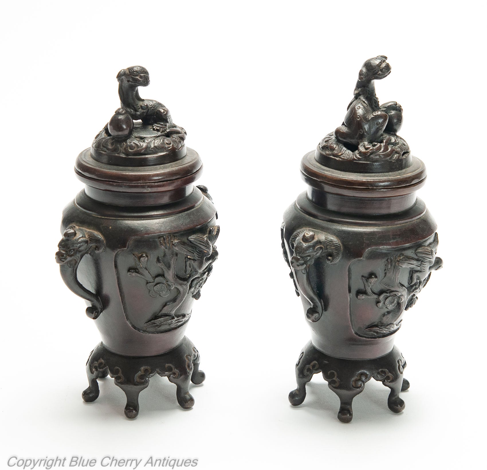 Pair Antique Japanese Meiji Period Patinated Cast Bronze Koro with Foo Dogs (Code 1986)
