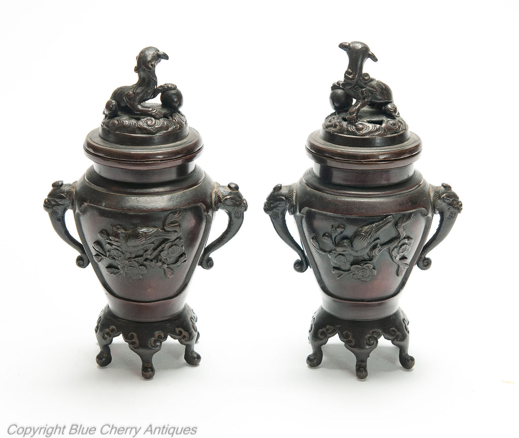 Pair Antique Japanese Meiji Period Patinated Cast Bronze Koro with Foo Dogs (Code 1986)