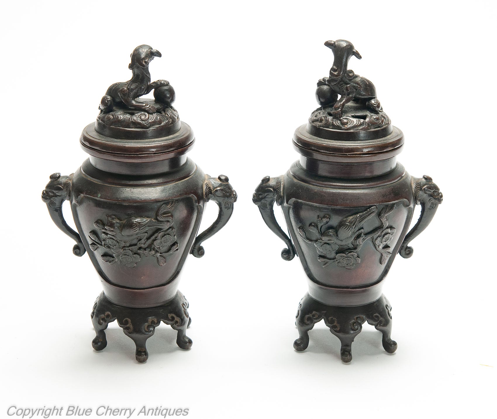 Pair Antique Japanese Meiji Period Patinated Cast Bronze Koro with Foo Dogs (Code 1986)