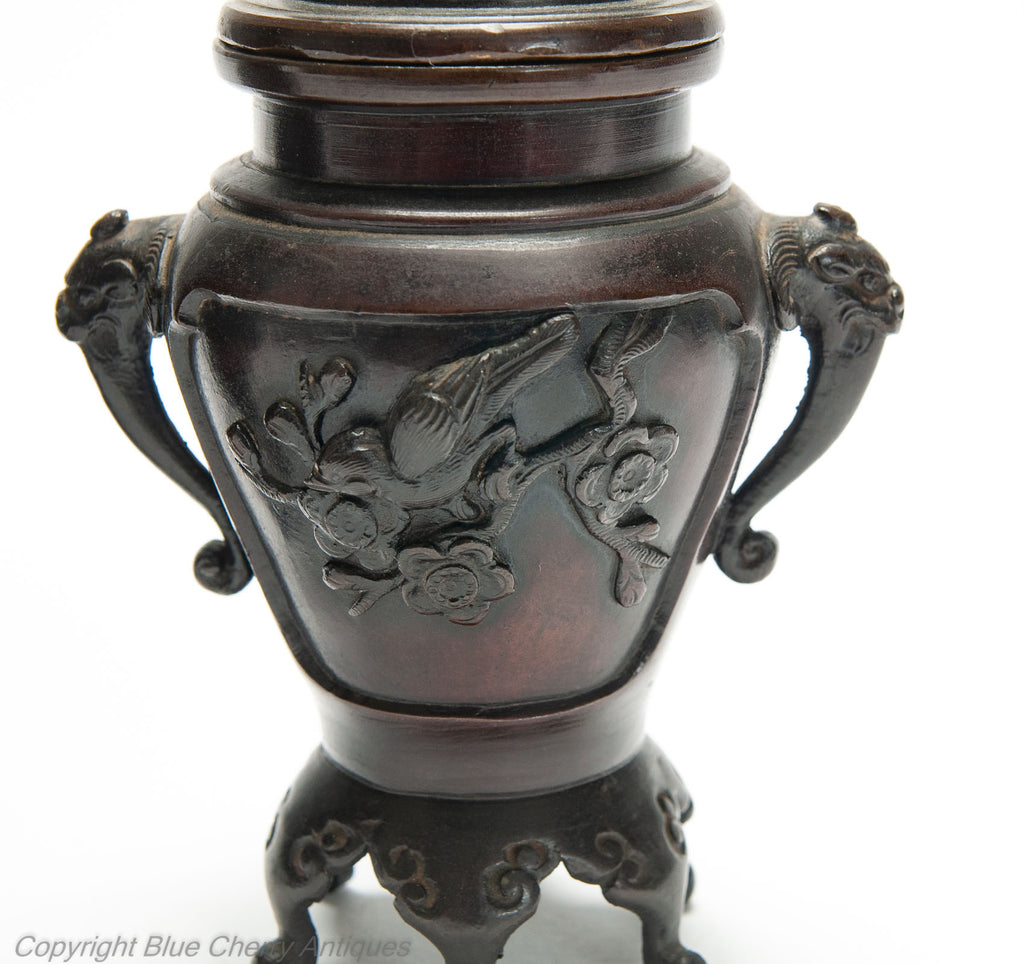 Pair Antique Japanese Meiji Period Patinated Cast Bronze Koro with Foo Dogs (Code 1986)