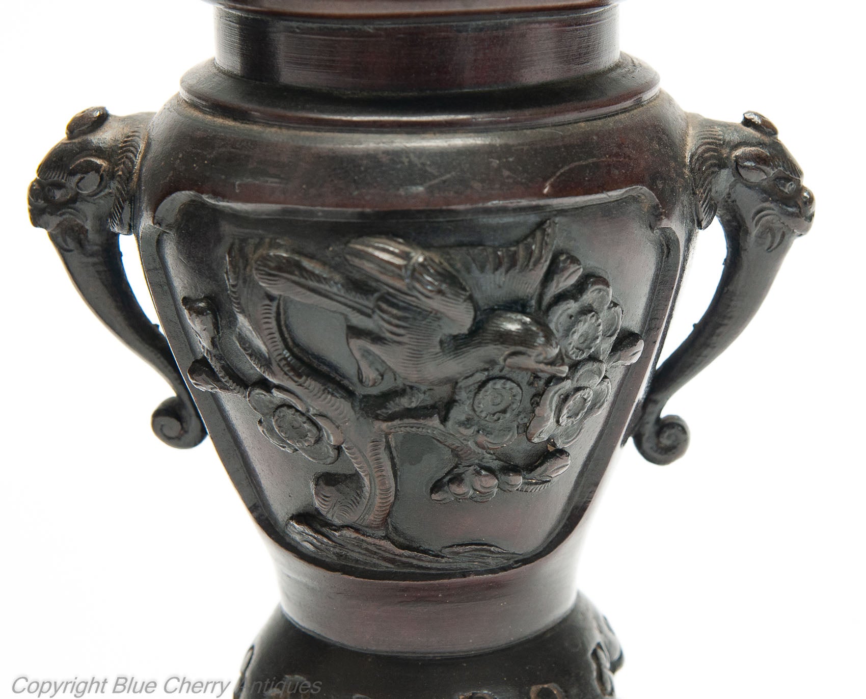 Pair Antique Japanese Meiji Period Patinated Cast Bronze Koro with Foo Dogs (Code 1986)