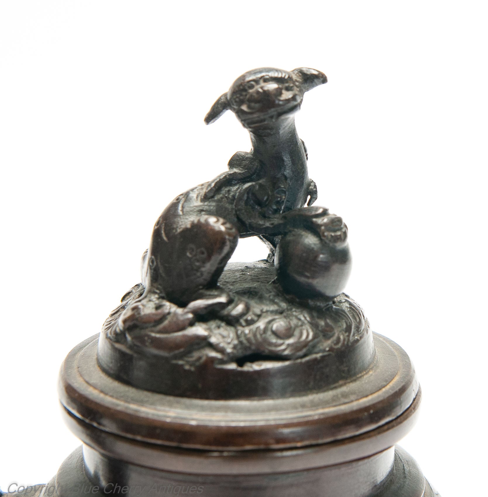 Pair Antique Japanese Meiji Period Patinated Cast Bronze Koro with Foo Dogs (Code 1986)