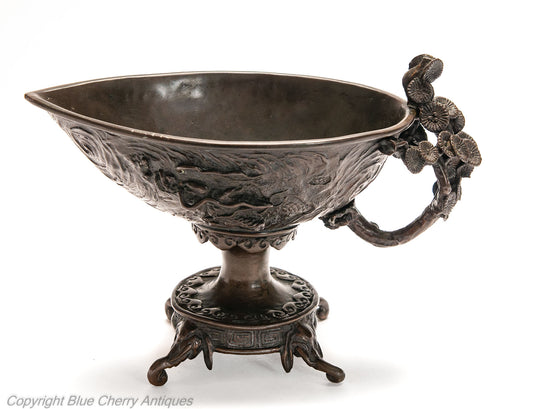 Chinese Cast Bronze Libation Cup Shaped Vessel with Dragon and Flaming Pearl (Code 1987)