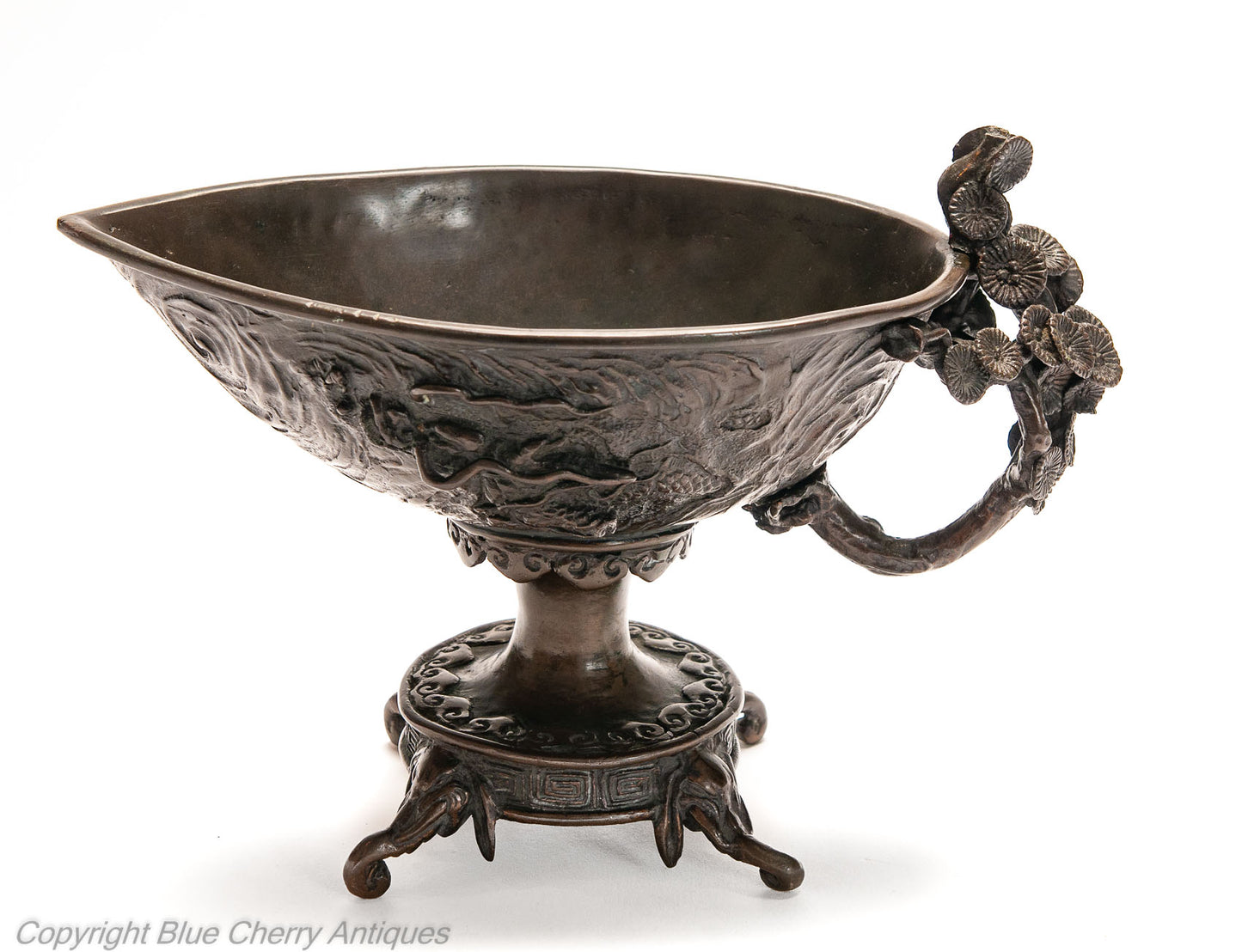 Chinese Cast Bronze Libation Cup Shaped Vessel with Dragon and Flaming Pearl (Code 1987)