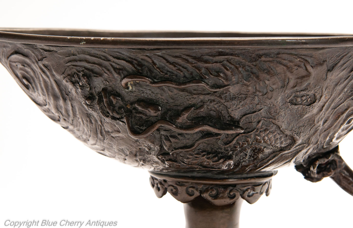 Chinese Cast Bronze Libation Cup Shaped Vessel with Dragon and Flaming Pearl (Code 1987)