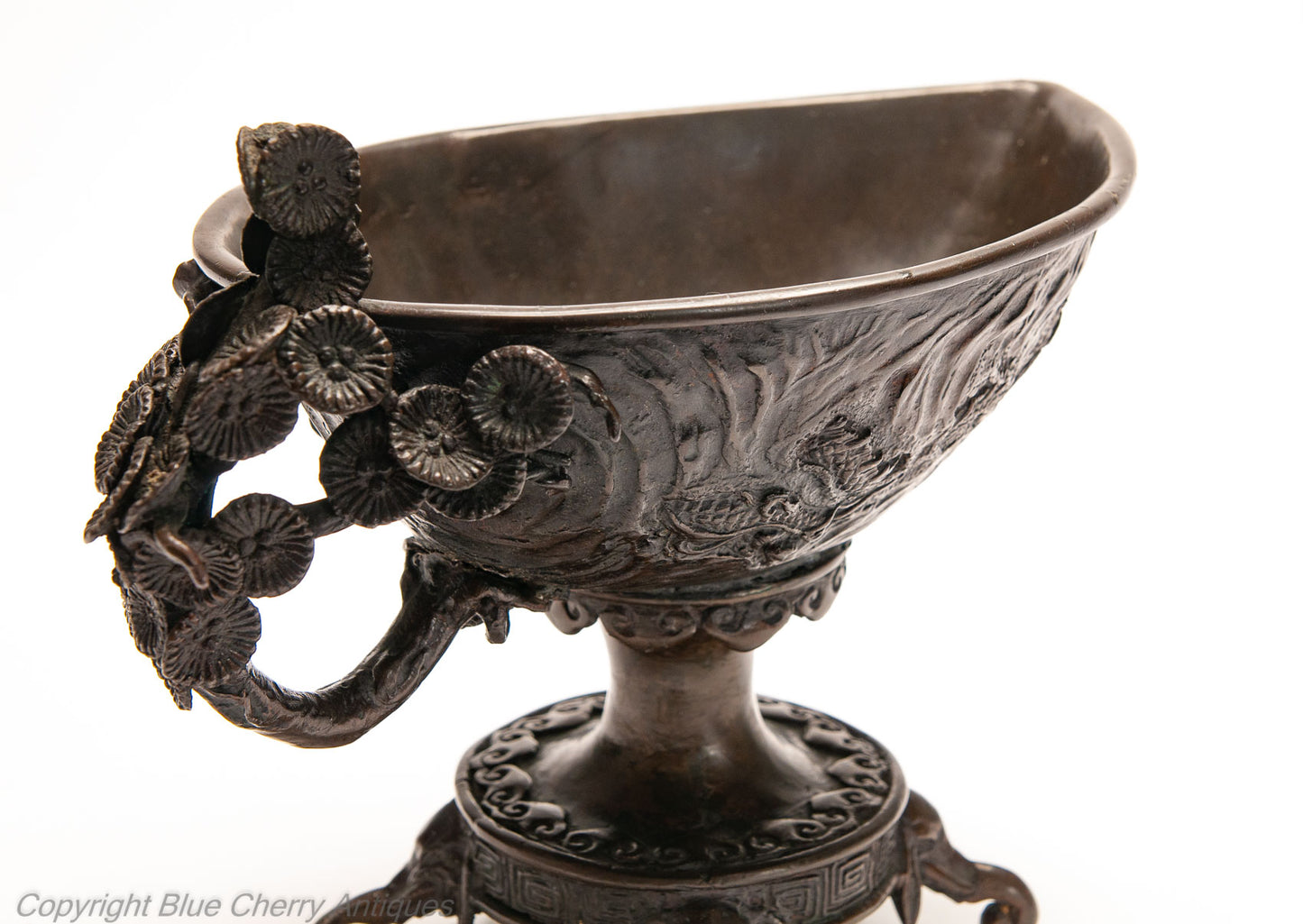 Chinese Cast Bronze Libation Cup Shaped Vessel with Dragon and Flaming Pearl (Code 1987)