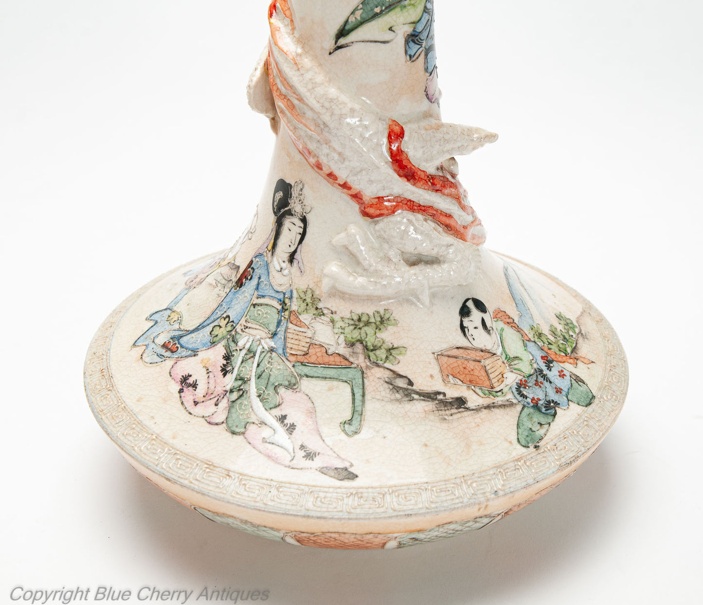 Japanese Satsuma Ware Pottery Antique Pair of Vases with Dragons & Figures c1900 (Code 2000)