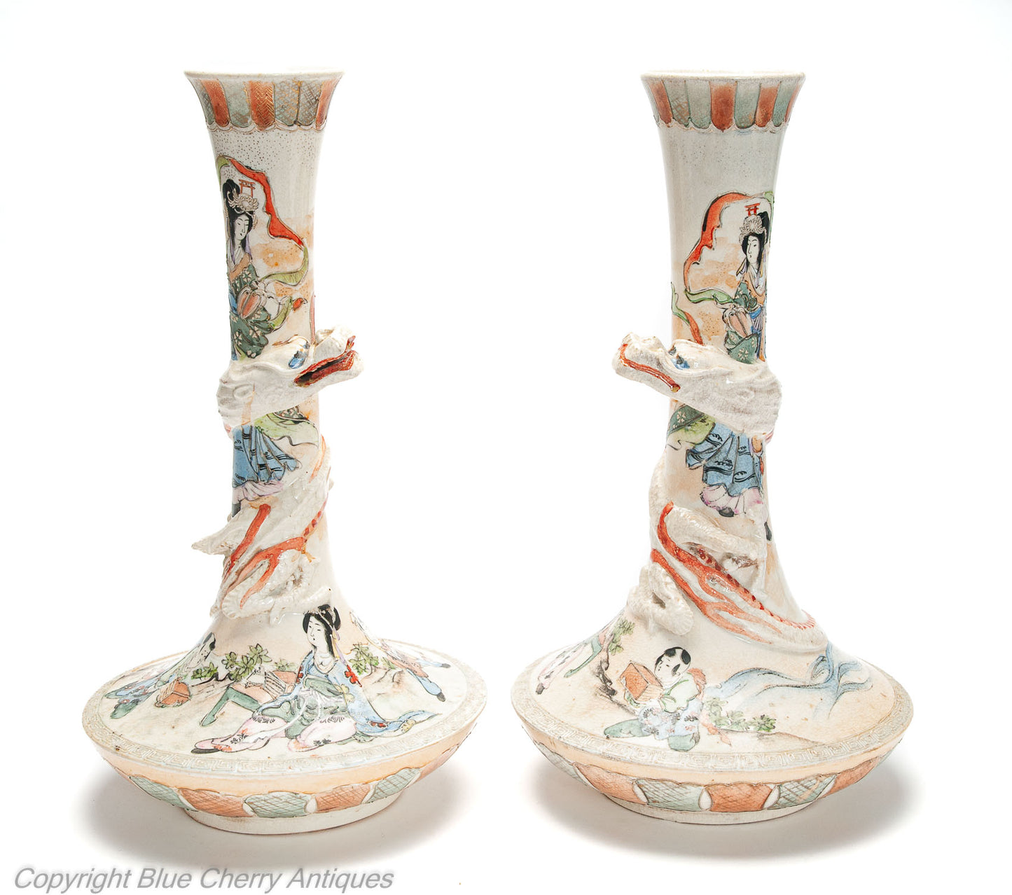 Japanese Satsuma Ware Pottery Antique Pair of Vases with Dragons & Figures c1900 (Code 2000)