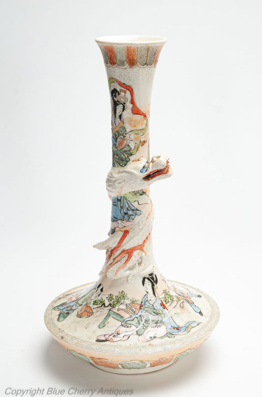 Japanese Satsuma Ware Pottery Antique Pair of Vases with Dragons & Figures c1900 (Code 2000)