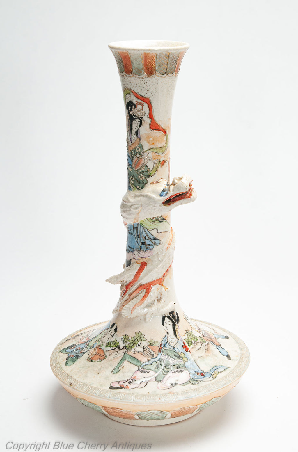 Japanese Satsuma Ware Pottery Antique Pair of Vases with Dragons & Figures c1900 (Code 2000)