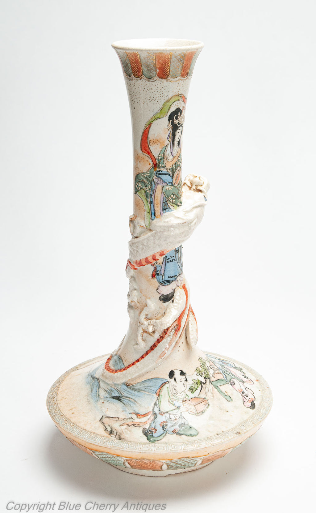 Japanese Satsuma Ware Pottery Antique Pair of Vases with Dragons & Figures c1900 (Code 2000)