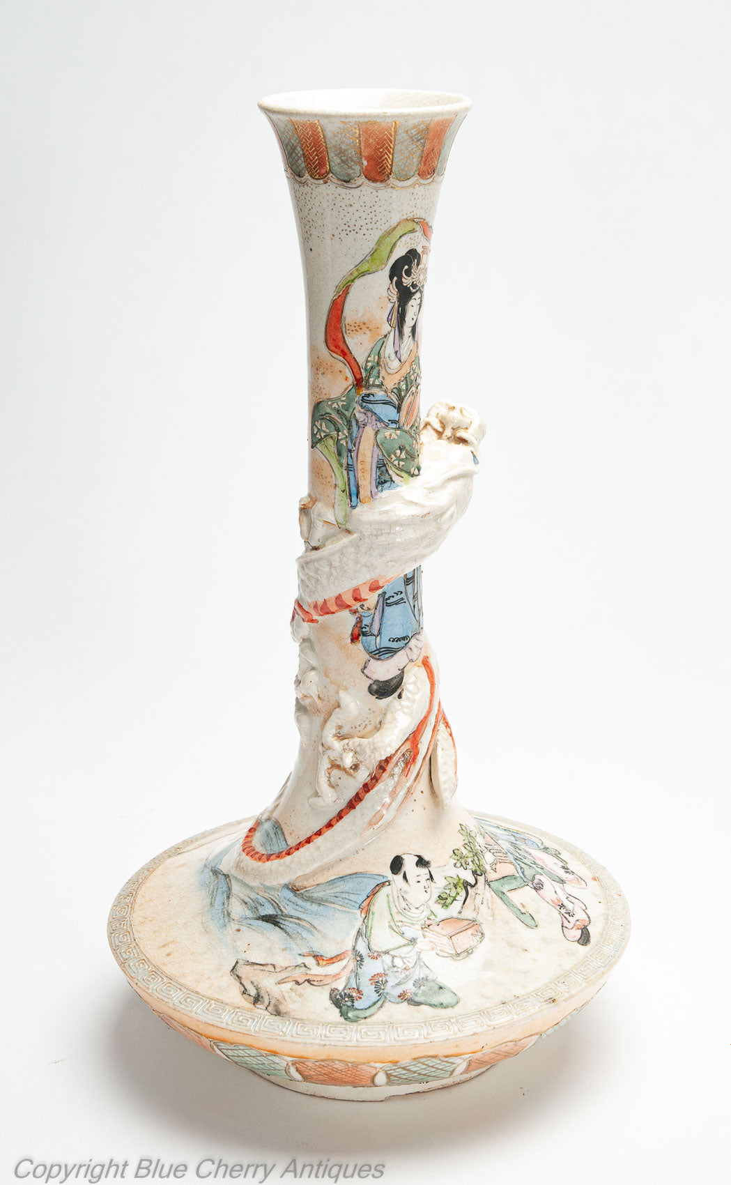 Japanese Satsuma Ware Pottery Antique Pair of Vases with Dragons & Figures c1900 (Code 2000)