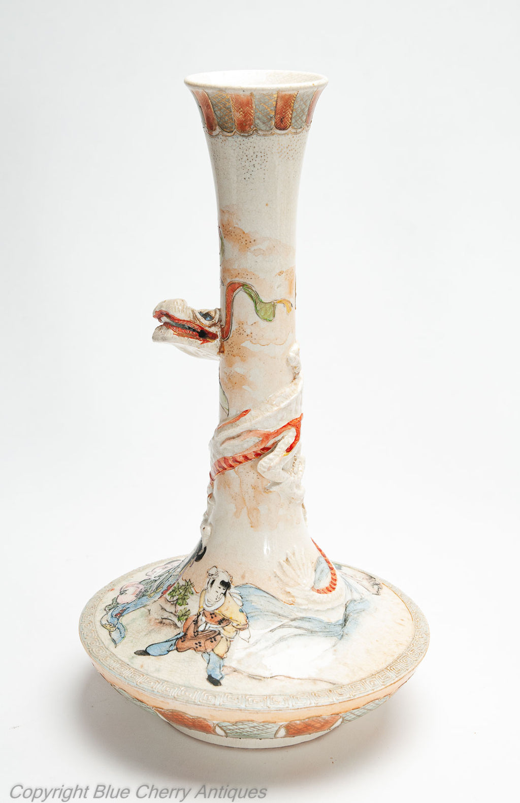 Japanese Satsuma Ware Pottery Antique Pair of Vases with Dragons & Figures c1900 (Code 2000)