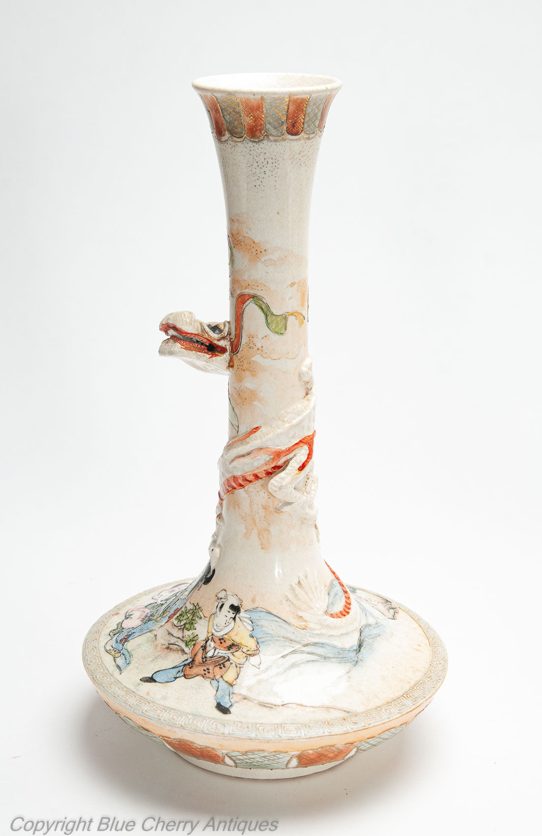 Japanese Satsuma Ware Pottery Antique Pair of Vases with Dragons & Figures c1900 (Code 2000)