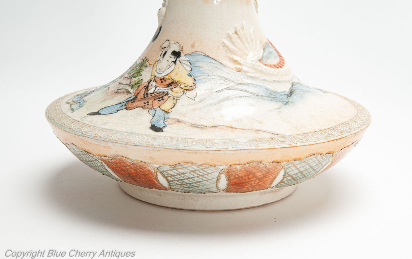 Japanese Satsuma Ware Pottery Antique Pair of Vases with Dragons & Figures c1900 (Code 2000)