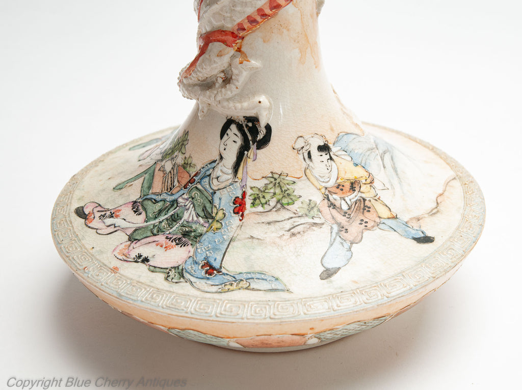 Japanese Satsuma Ware Pottery Antique Pair of Vases with Dragons & Figures c1900 (Code 2000)
