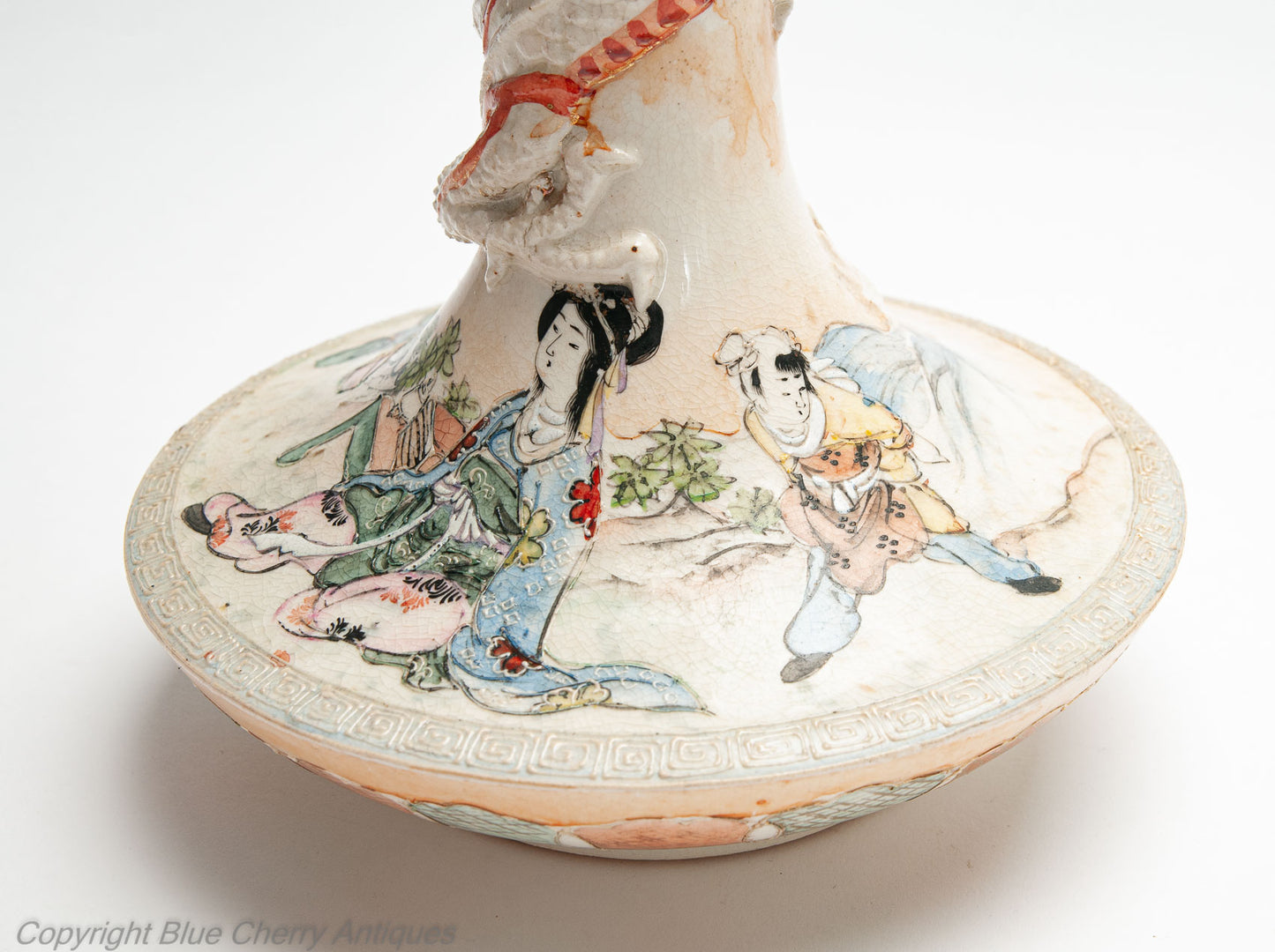 Japanese Satsuma Ware Pottery Antique Pair of Vases with Dragons & Figures c1900 (Code 2000)