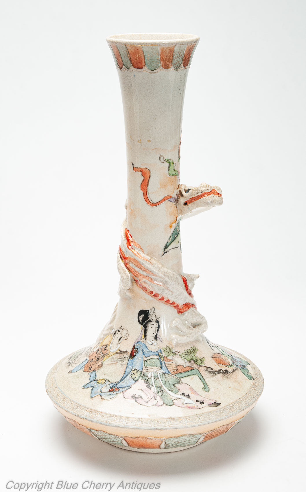 Japanese Satsuma Ware Pottery Antique Pair of Vases with Dragons & Figures c1900 (Code 2000)