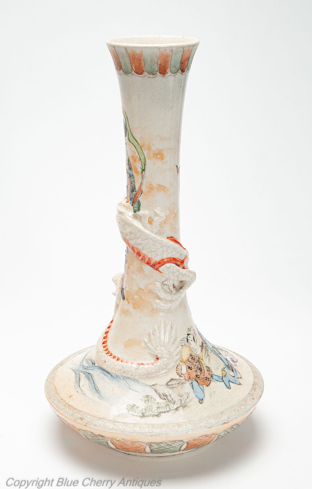 Japanese Satsuma Ware Pottery Antique Pair of Vases with Dragons & Figures c1900 (Code 2000)