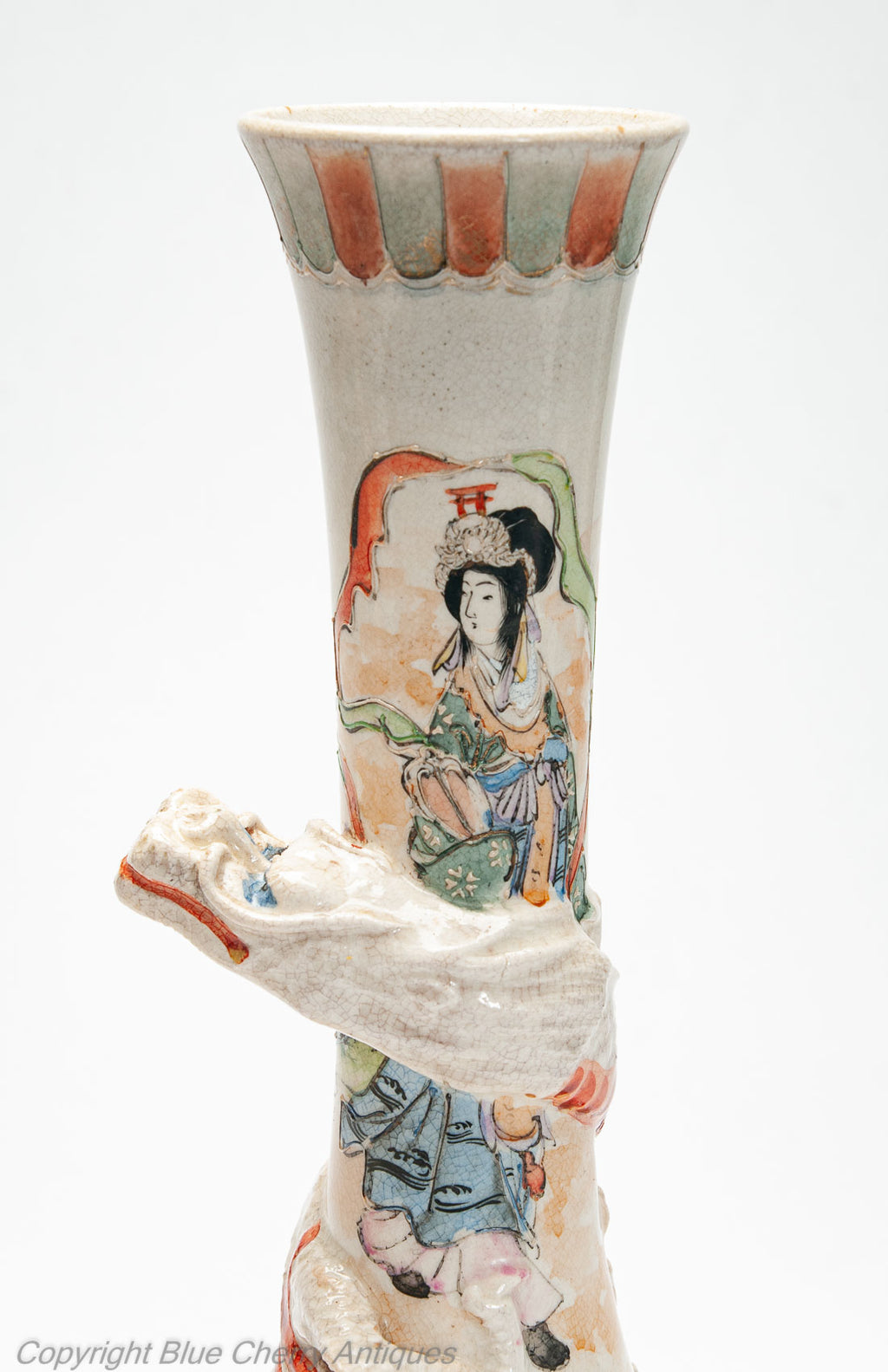 Japanese Satsuma Ware Pottery Antique Pair of Vases with Dragons & Figures c1900 (Code 2000)