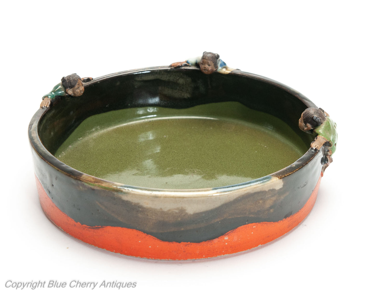 Antique Japanese Sumida Gawa Ware Three Children Art Pottery Dish c1910 (Code 2021)