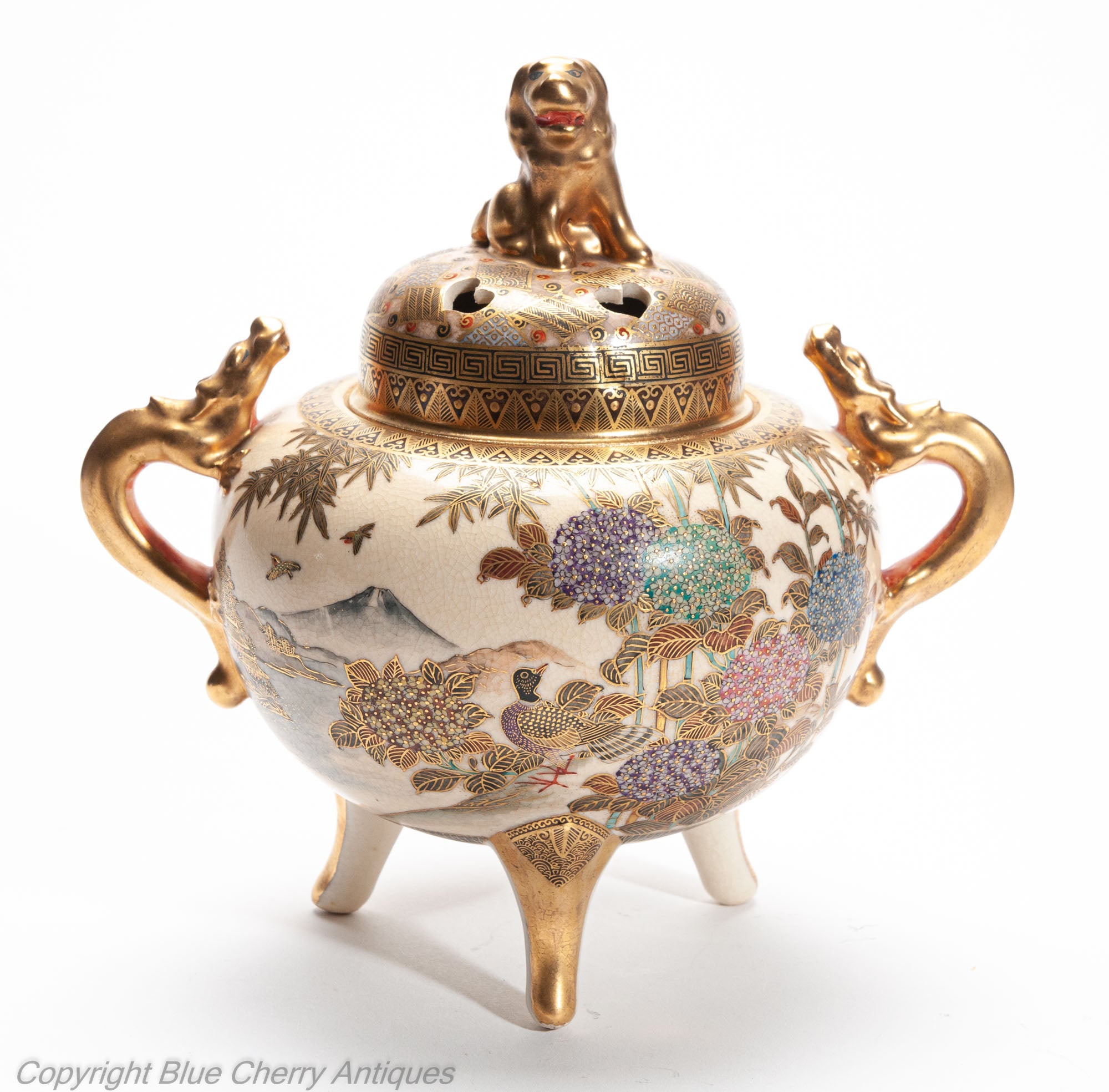 Japanese Satsuma Ware Koro with Ducks and Shishi Lion by Hododa - 19th Century (Code 2026)