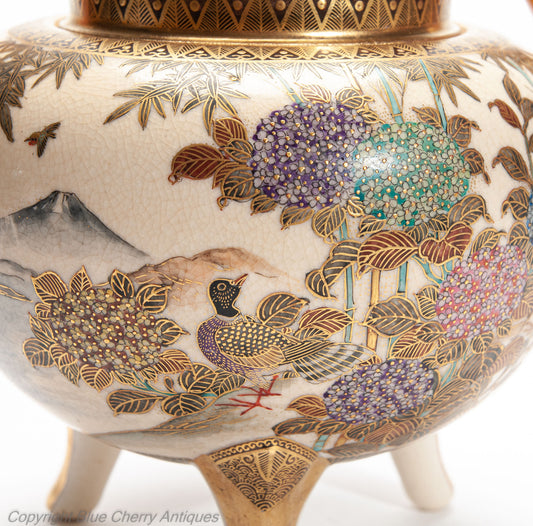 Japanese Satsuma Ware Koro with Ducks and Shishi Lion by Hododa - 19th Century (Code 2026)
