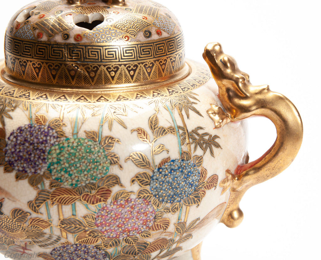 Japanese Satsuma Ware Koro with Ducks and Shishi Lion by Hododa - 19th Century (Code 2026)