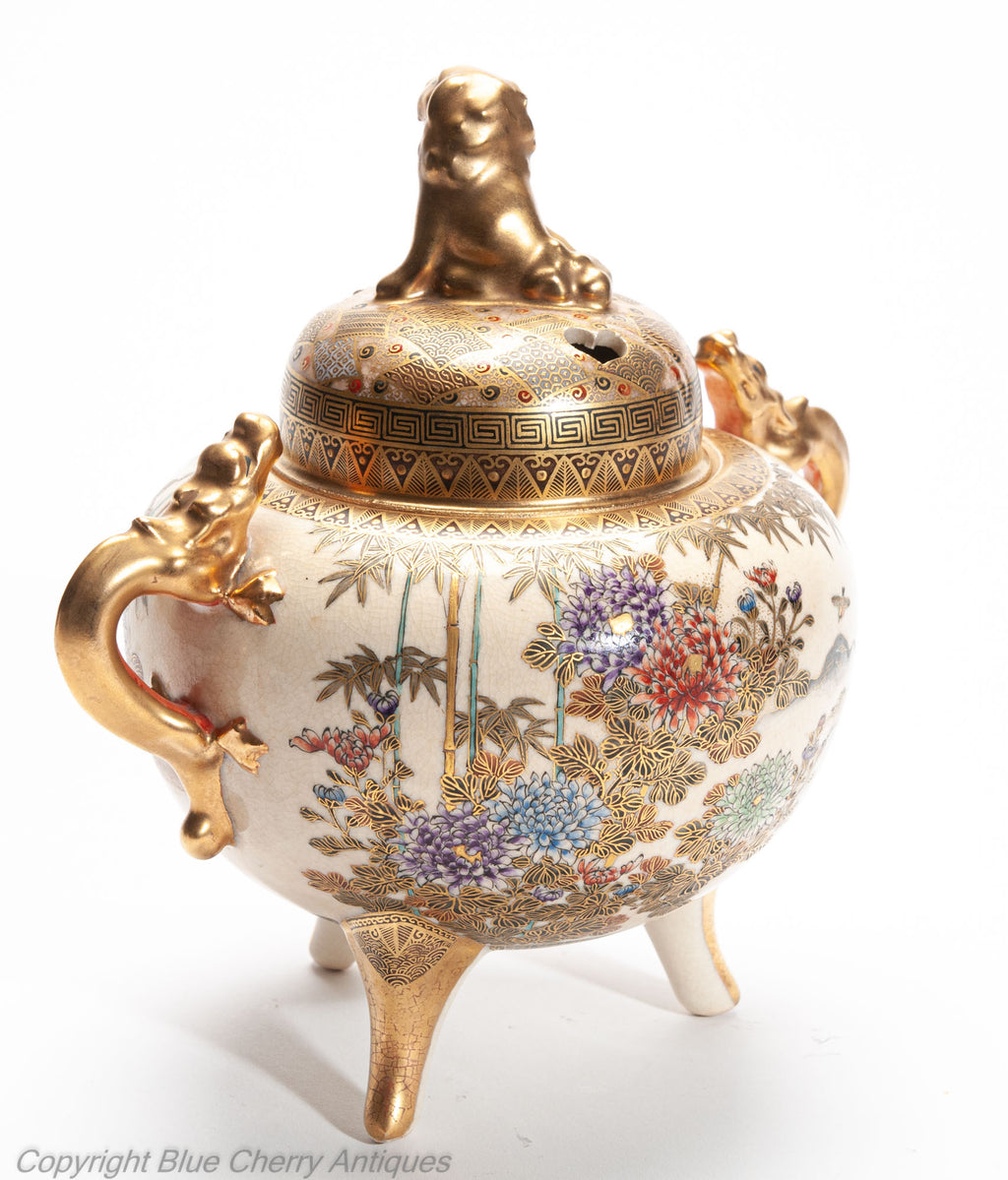 Japanese Satsuma Ware Koro with Ducks and Shishi Lion by Hododa - 19th Century (Code 2026)