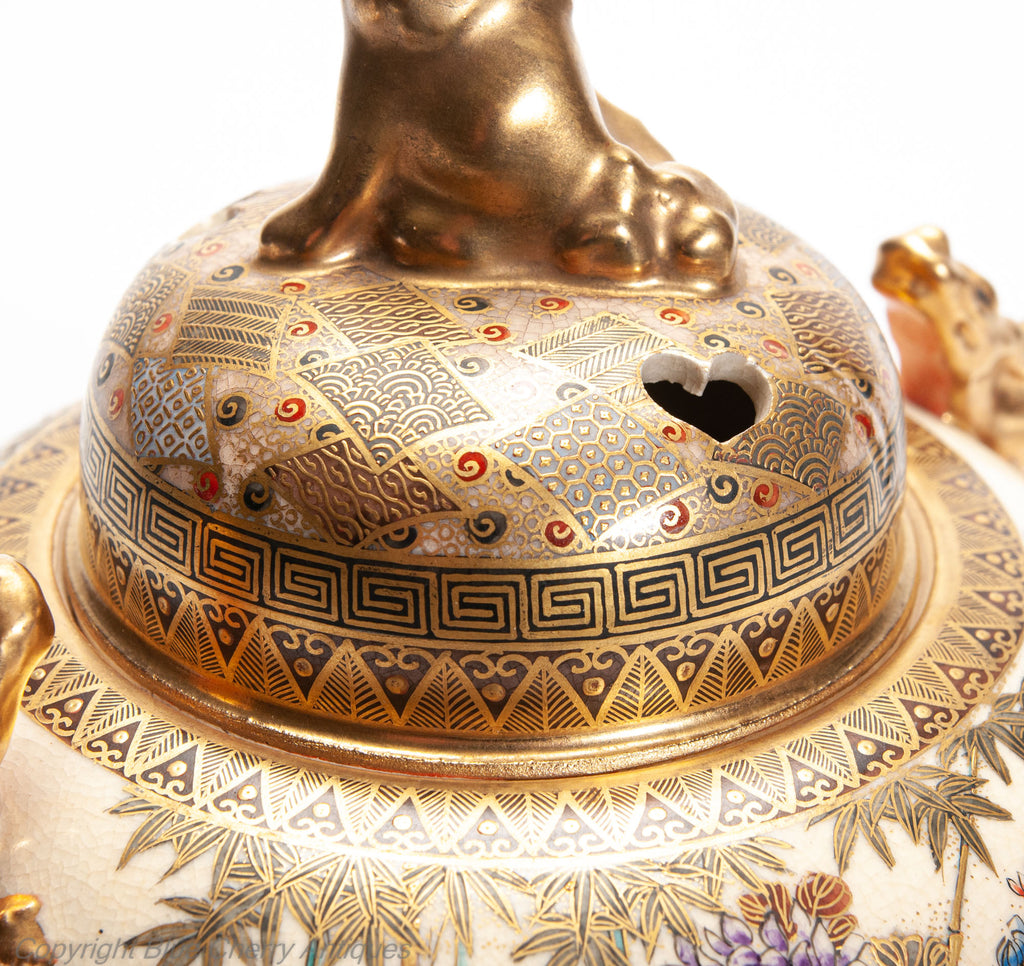 Japanese Satsuma Ware Koro with Ducks and Shishi Lion by Hododa - 19th Century (Code 2026)