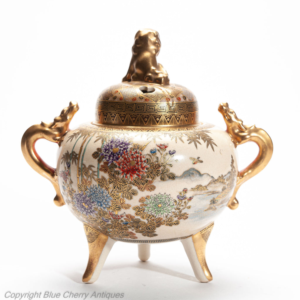 Japanese Satsuma Ware Koro with Ducks and Shishi Lion by Hododa - 19th Century (Code 2026)