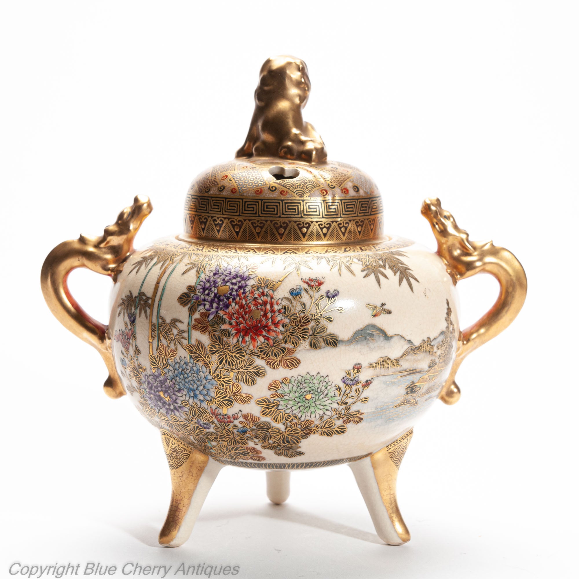 Japanese Satsuma Ware Koro with Ducks and Shishi Lion by Hododa - 19th Century (Code 2026)