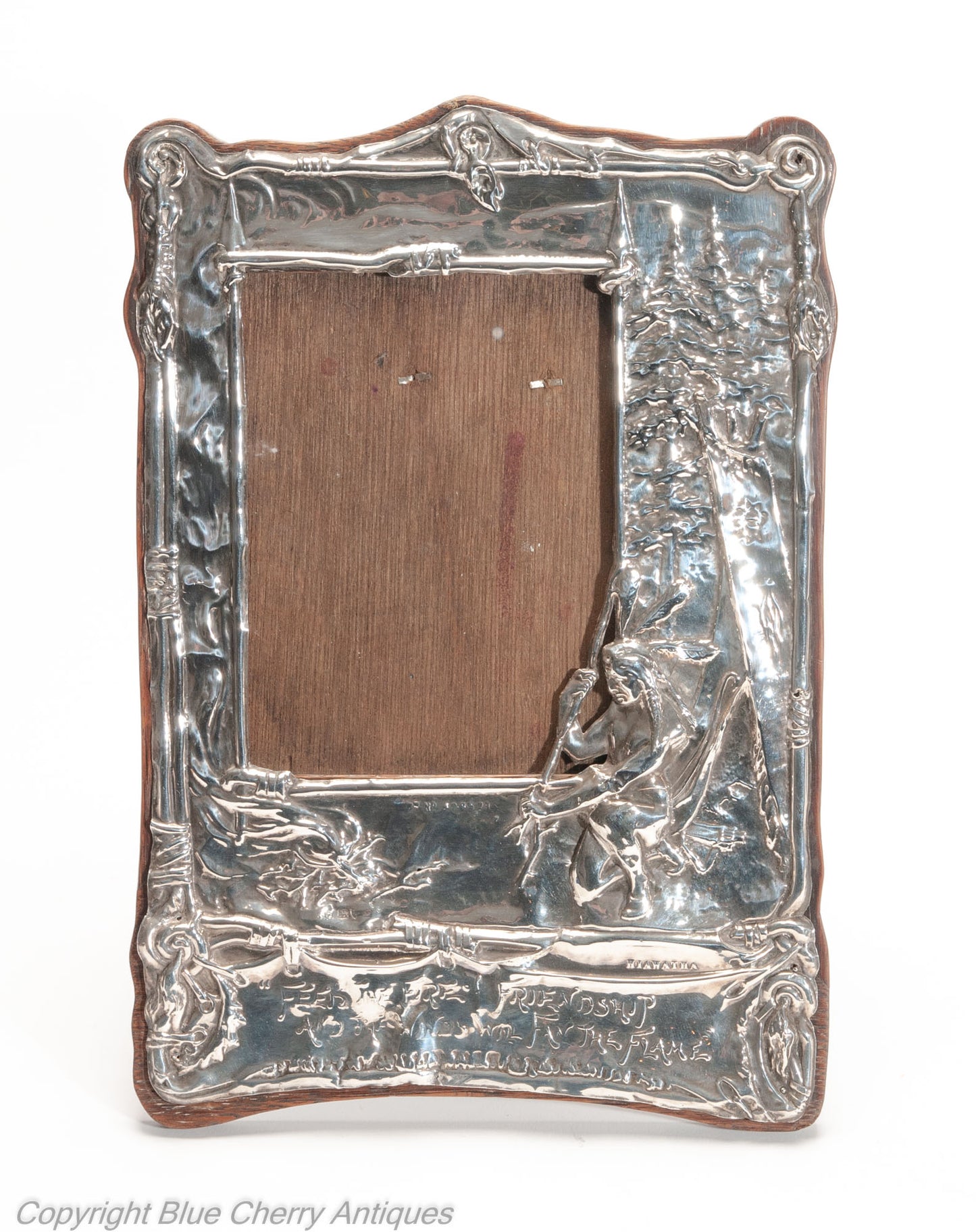 Antique Art Nouveau English Silver Easel Back Photo Frame with Hiawatha & Motto (Code 2032)