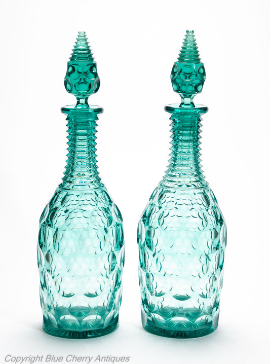 Pair Antique Regency/William IV Prismatic & Lens Cut Green Glass Wine Decanters (Code 2035)